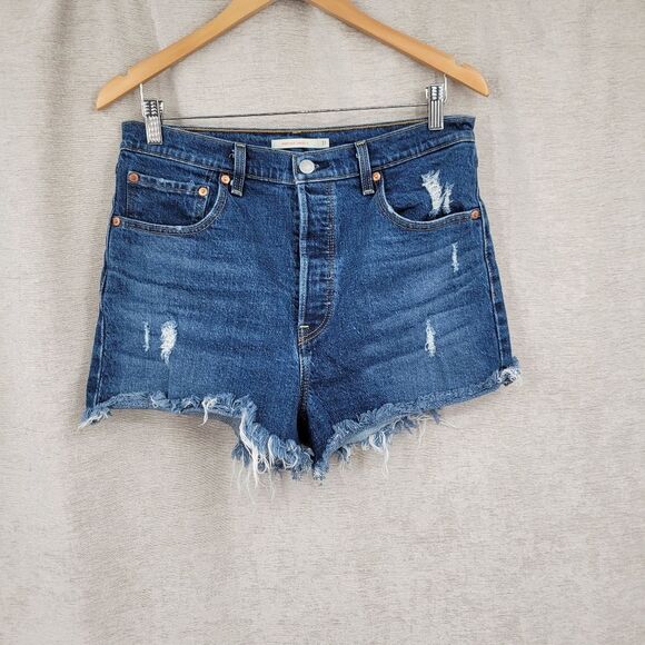 Levi's Premium Ribcage Denim Distressed Womens Blue Jean Shorts Cut Offs Size 31 - Picture 1 of 13